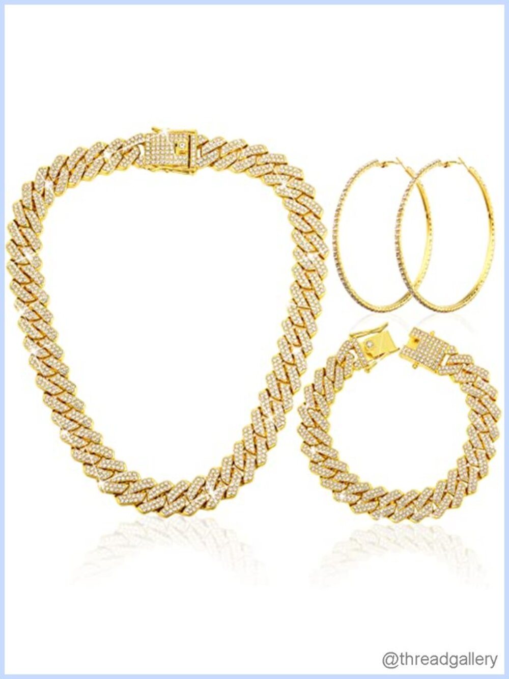 Cuban Link Necklace Bracelet Hoop Earrings Set Alloy Rhinestone 18 Inch